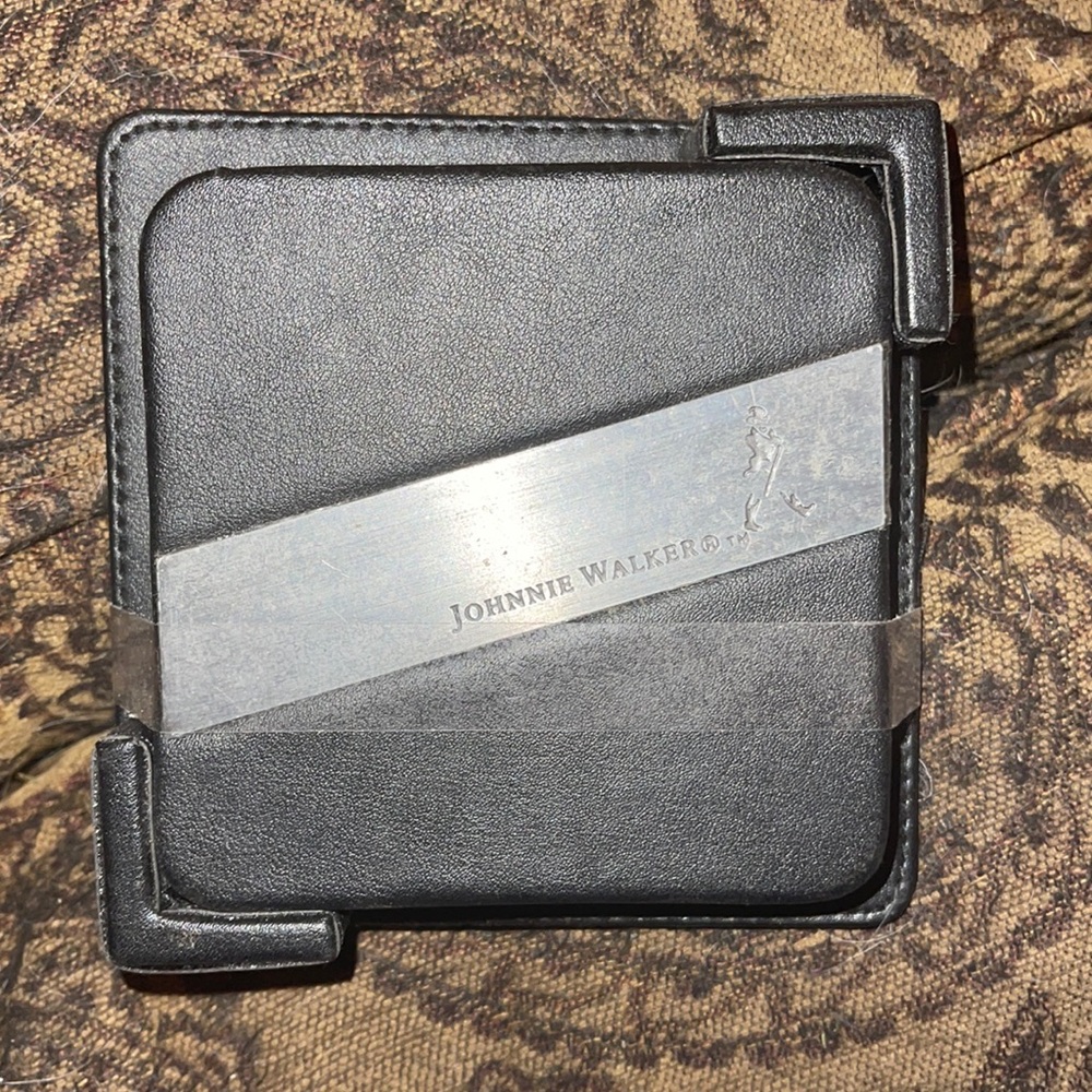 Set of 4 Johnnie Walker Leather Coaster Black Silver Band 10x10